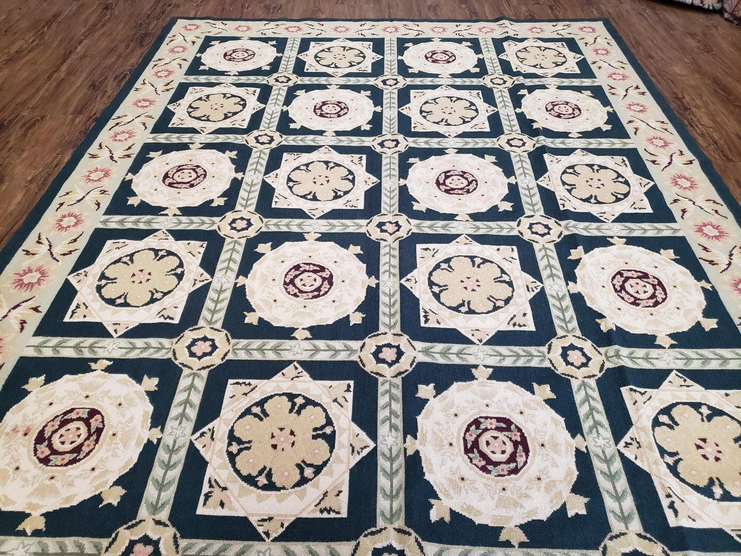 Vintage Chinese Needlepoint Rug 6x9, Panel Design Area Rug Wool Hand-Woven Black & Ivory Carpet Flat Weave Bedroom Rug 6 x 9 Living Room Rug - Nuvé