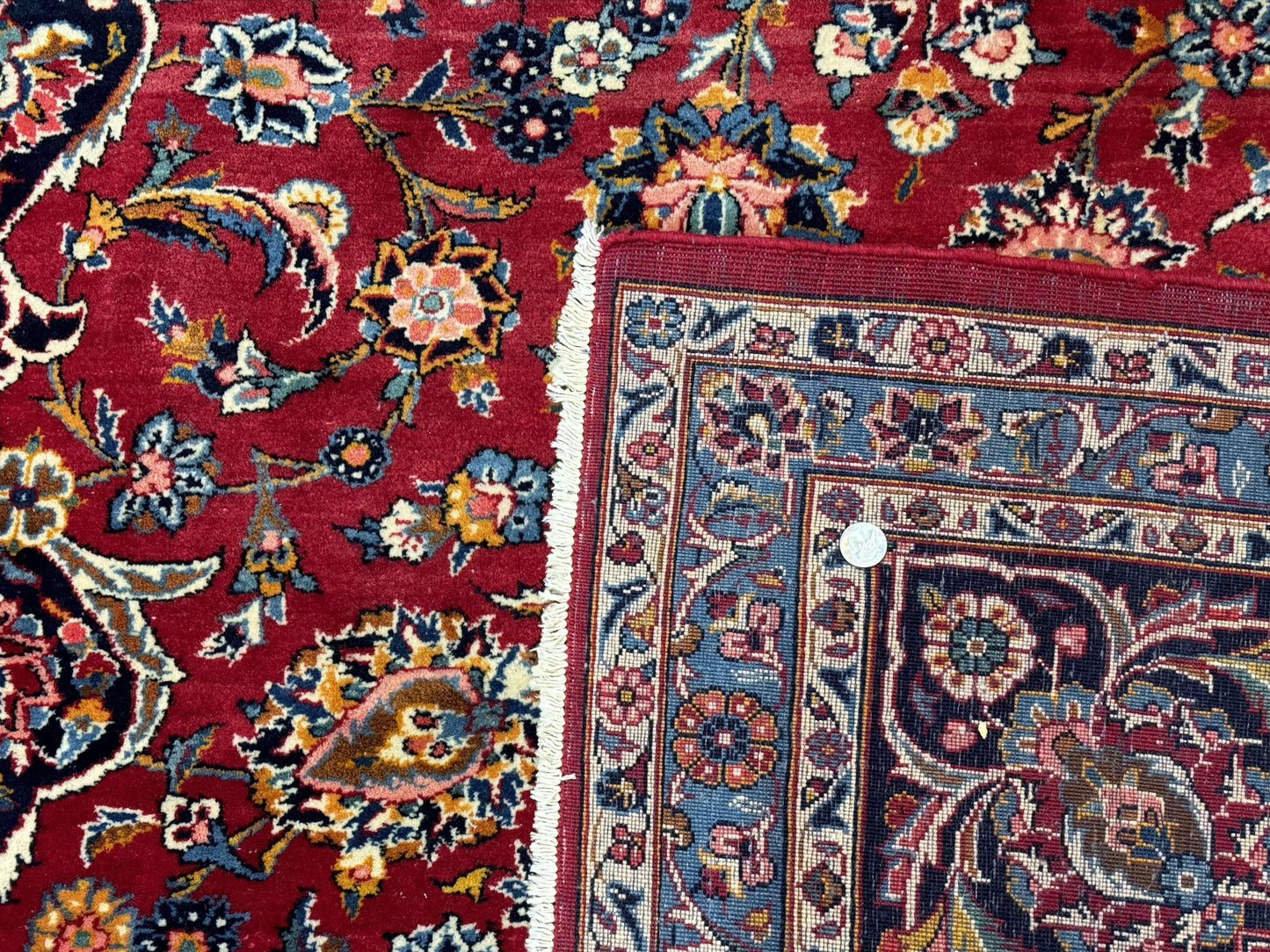 Large Persian Kashan Rug 11x14, Traditional Persian Carpet, Wool, Fine 250 KPSI, Red Navy Blue - Nuvé
