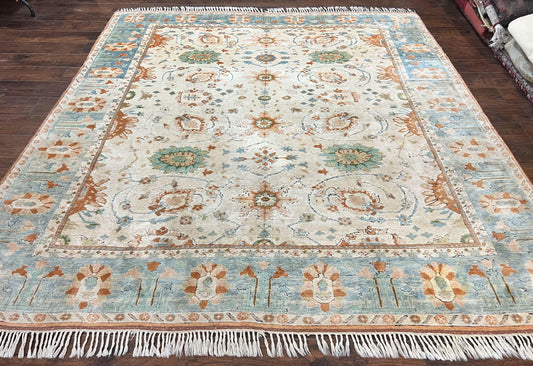 Turkish Oushak Rug 9x10, Farmhouse Rug, Beige & Light Blue - Nuvé
