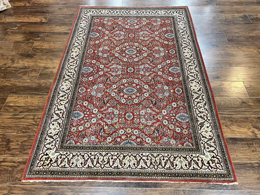 Red Persian Qum Rug 5 x 7.6, Hand Knotted Vintage Wool Fine Carpet 270 KPSI, Floral Allover - Nuvé