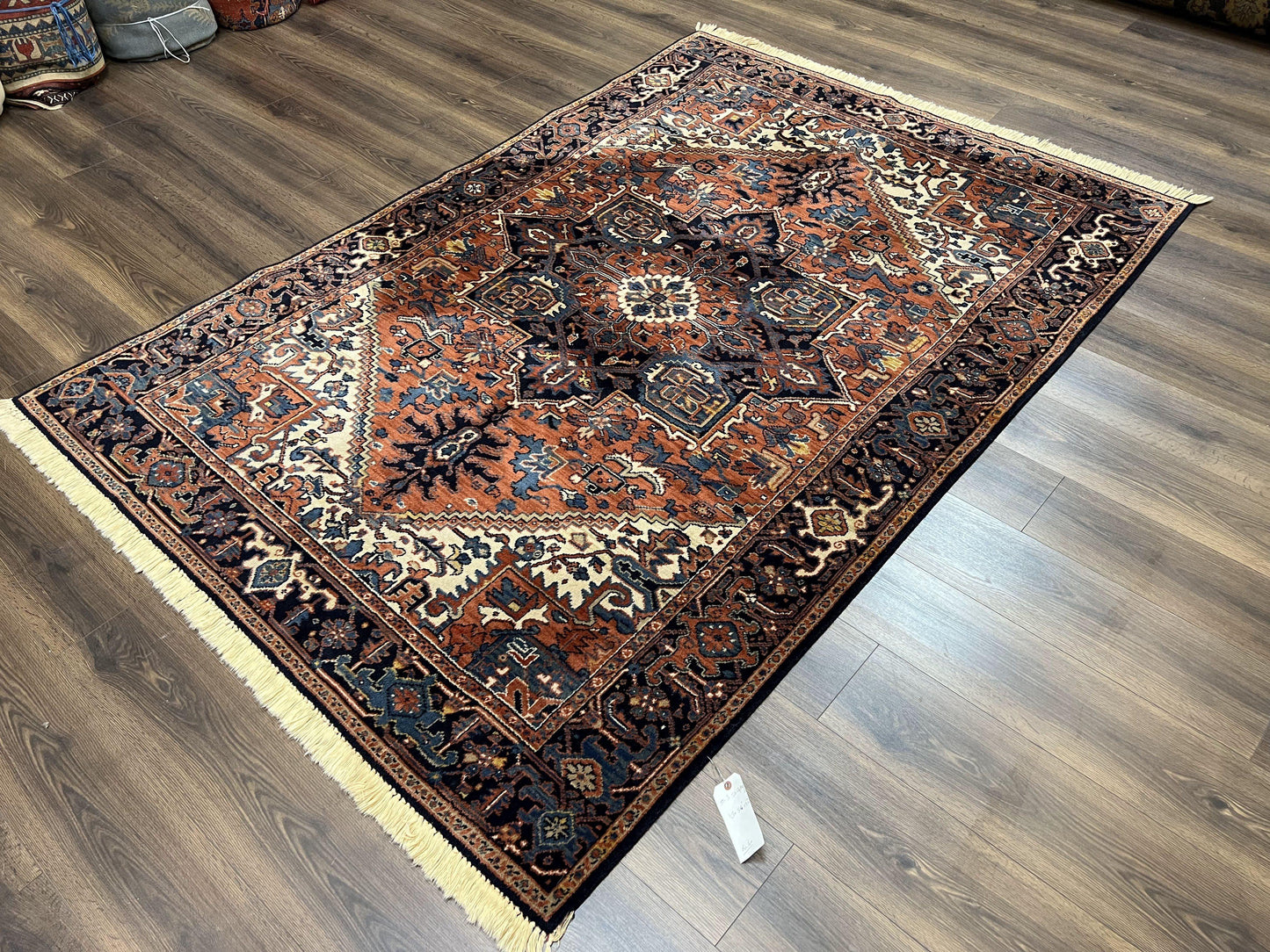 Heriz Rug 5.6 x 8, Geometric Medallion, Wool Oriental Carpet, Tribal Boho Rug, Red Navy Blue Cream, Belgium Power Loomed Rug, Medium Sized - Nuvé