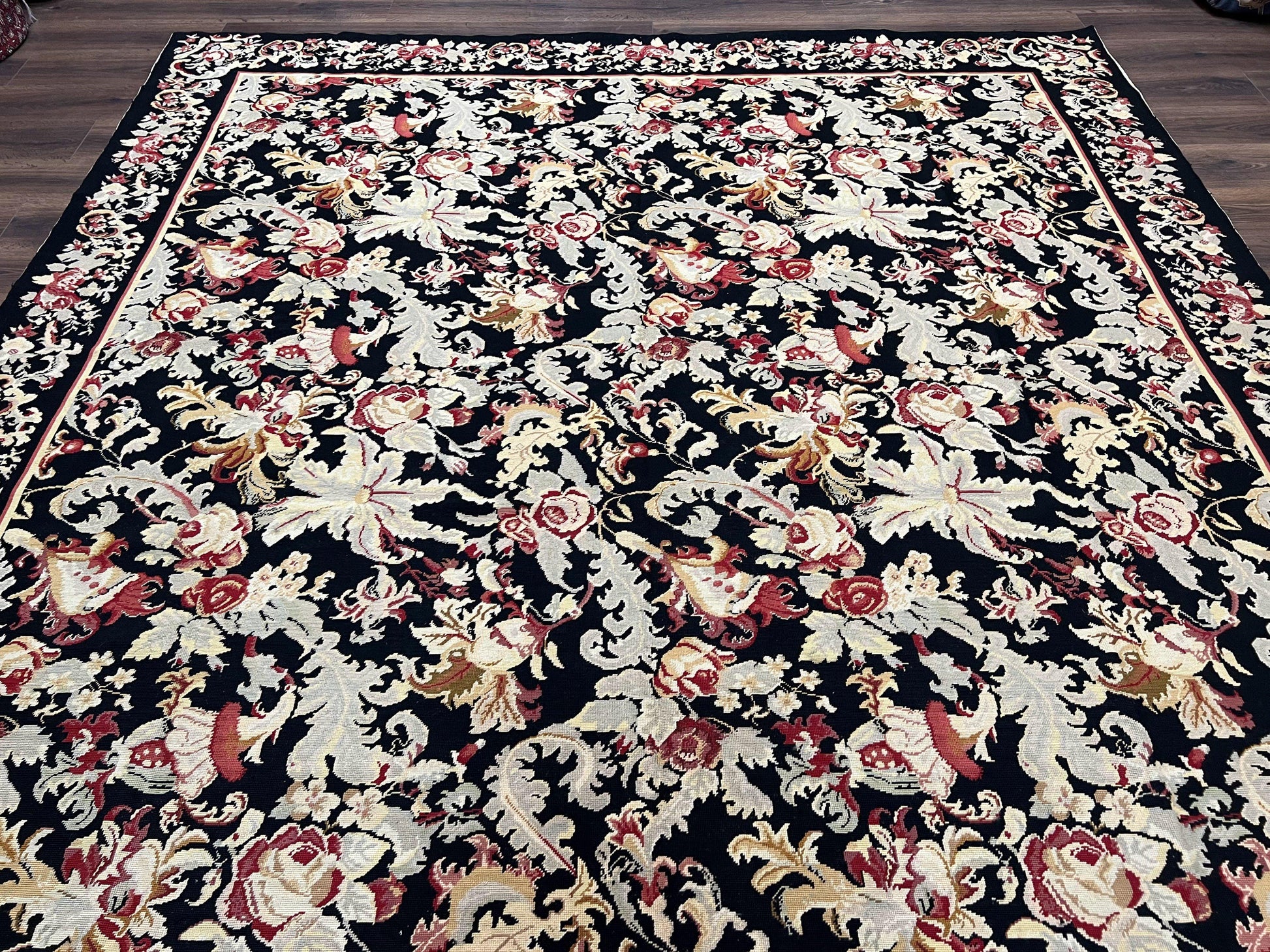 Wool Needlepoint Rug 9x12, William Morris Vintage Chinese Needlepoint Carpet 9 x 12, Handwoven, Allover Floral Area Rug, Black Light Green - Nuvé