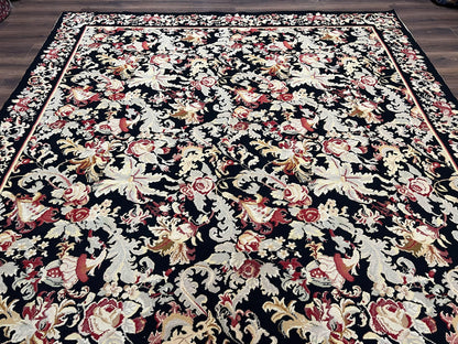 Wool Needlepoint Rug 9x12, William Morris Vintage Chinese Needlepoint Carpet 9 x 12, Handwoven, Allover Floral Area Rug, Black Light Green - Nuvé