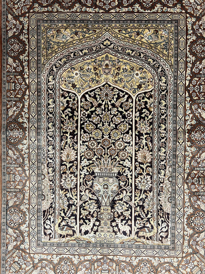 Turkish Silk Hereke Rug 2x3, Floral Vase Tree of Life Birds, Silk Pile on Silk Foundation, Vintage Oriental Carpet, Very Fine, Signature