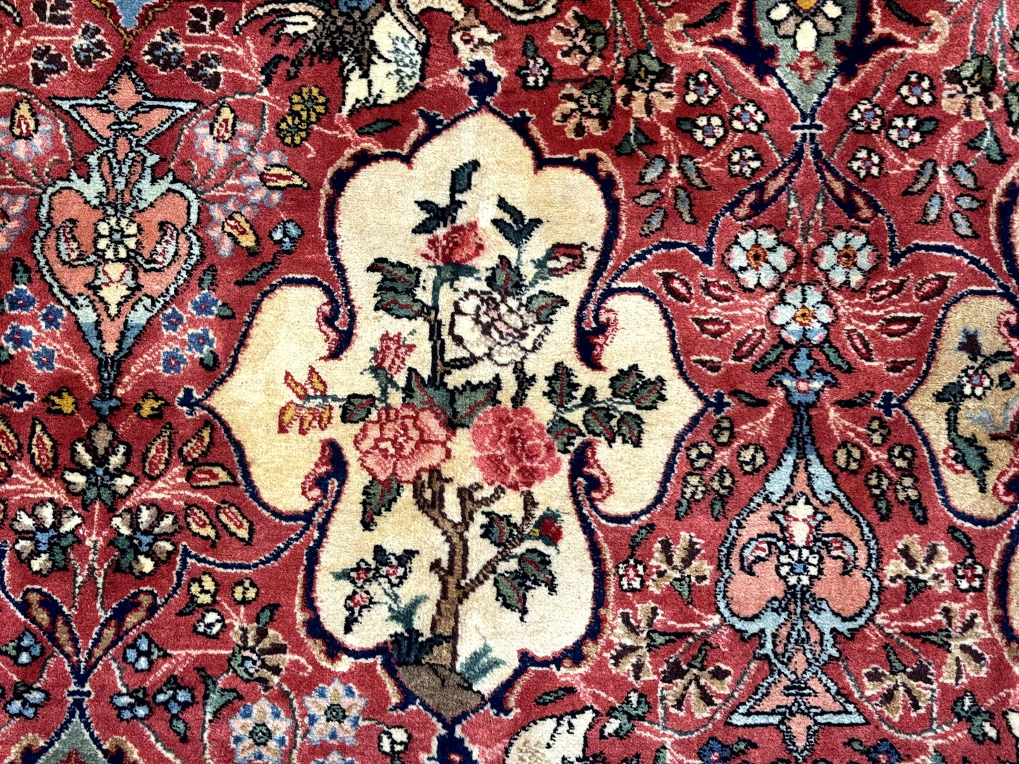 Antique Tabriz Persian Rug 7x10, Red Cream Tan, Unique Design, Fine 270 KPSI, Birds, Floral - Nuvé