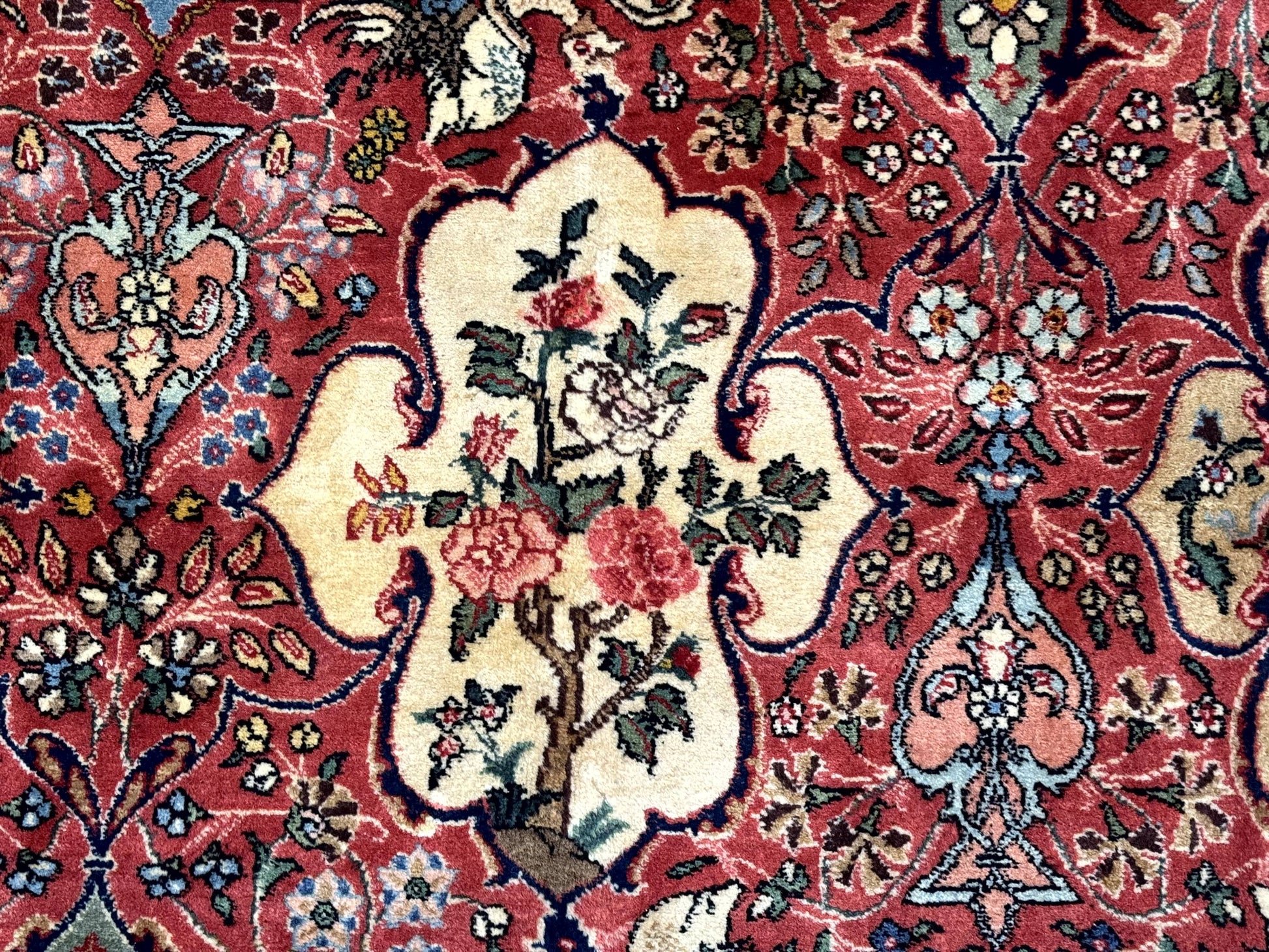 Antique Tabriz Persian Rug 7x10, Red Cream Tan, Unique Design, Fine 270 KPSI, Birds, Floral - Nuvé