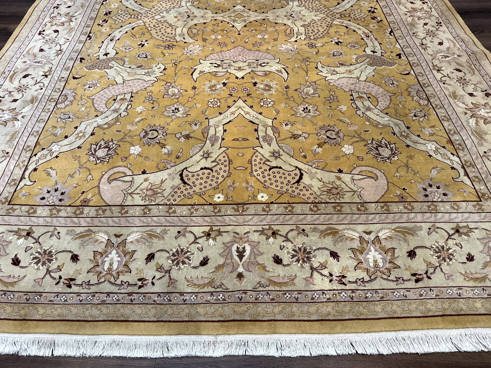 Sino Persian Rug 8x11, Wool with Silk Highlights, Unique Colors, Gold and Light Green, Fine 240 KPSI - Nuvé