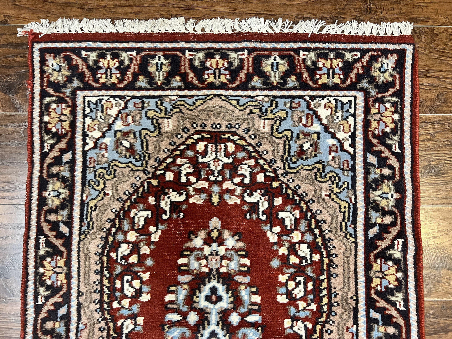 Indo Persian Runner Rug 2.8 x 14.8, Long Indo Kirman Hallway Rug, Red Floral Wool Vintage Handmade Oriental Runner - Nuvé