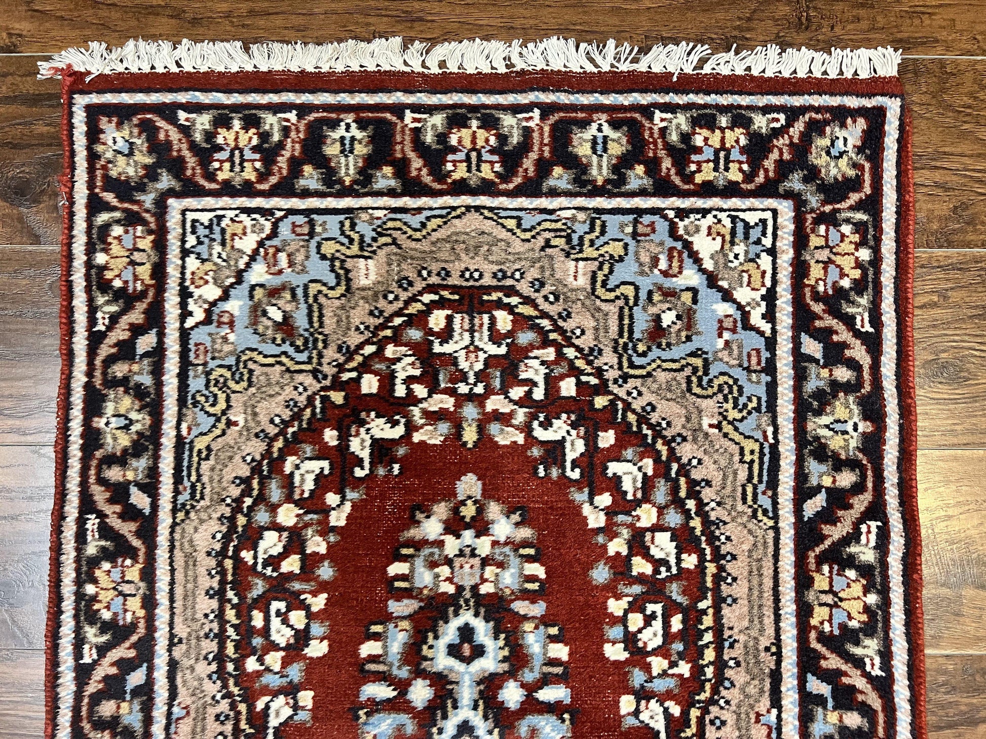 Indo Persian Runner Rug 2.8 x 14.8, Long Indo Kirman Hallway Rug, Red Floral Wool Vintage Handmade Oriental Runner - Nuvé