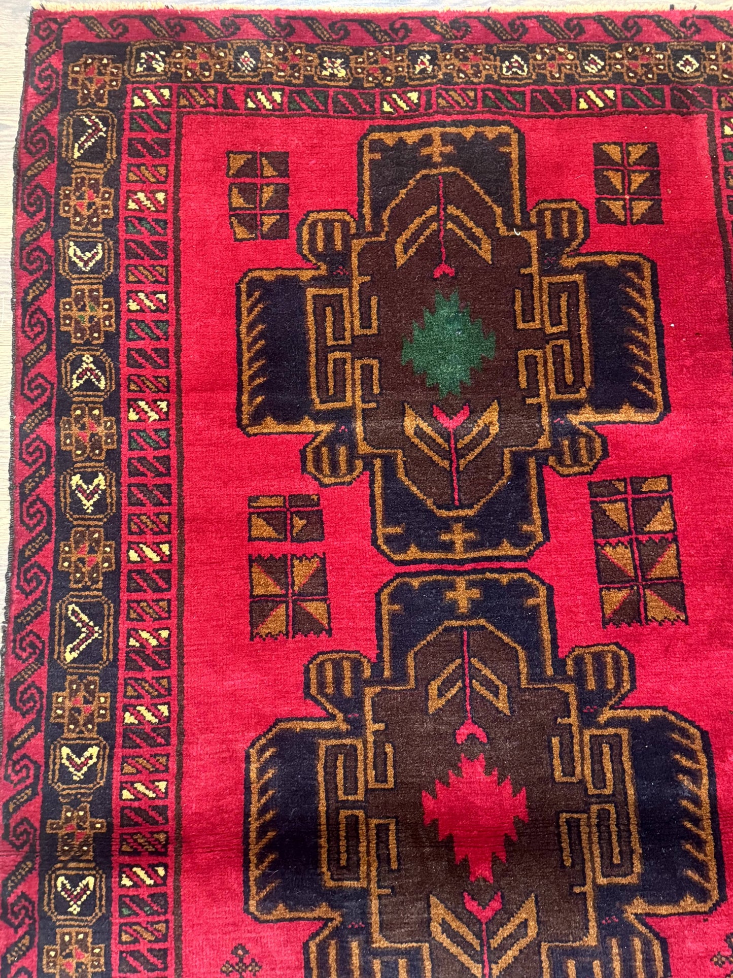 Red Afghan Balouch Rug 4x7, Triple Medallions, Handmade, New - Nuvé