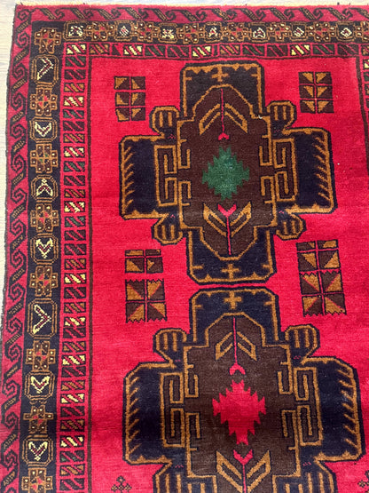 Red Afghan Balouch Rug 4x7, Triple Medallions, Handmade, New - Nuvé
