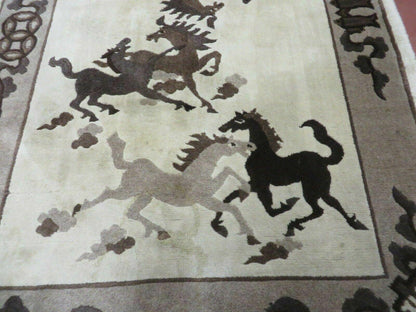 4' X 6' Modern Tibetan Nepal Art Deco Chinese Hand Knotted Wool Rug Horses Nice - Nuvé