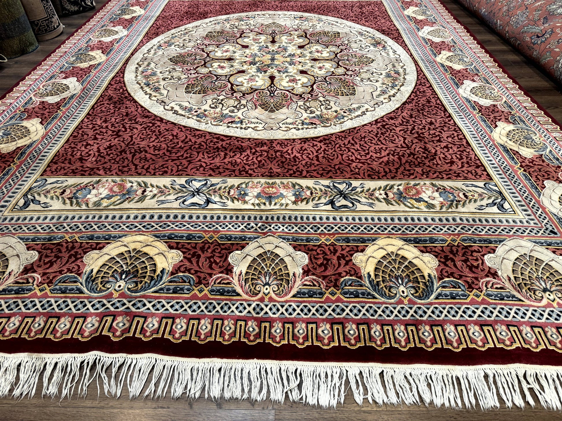 Wonderful Aubusson Rug 10x14, Red Maroon, Elegant, Fine 200 KPSI - Nuvé