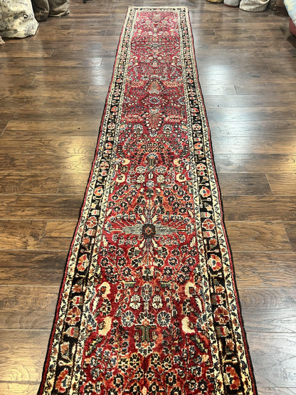 Antique Persian Runner Rug 2.9 x 17, Rare Sarouk Runner, Handmade Wool Rug for Hallway, Red, Floral - Nuvé