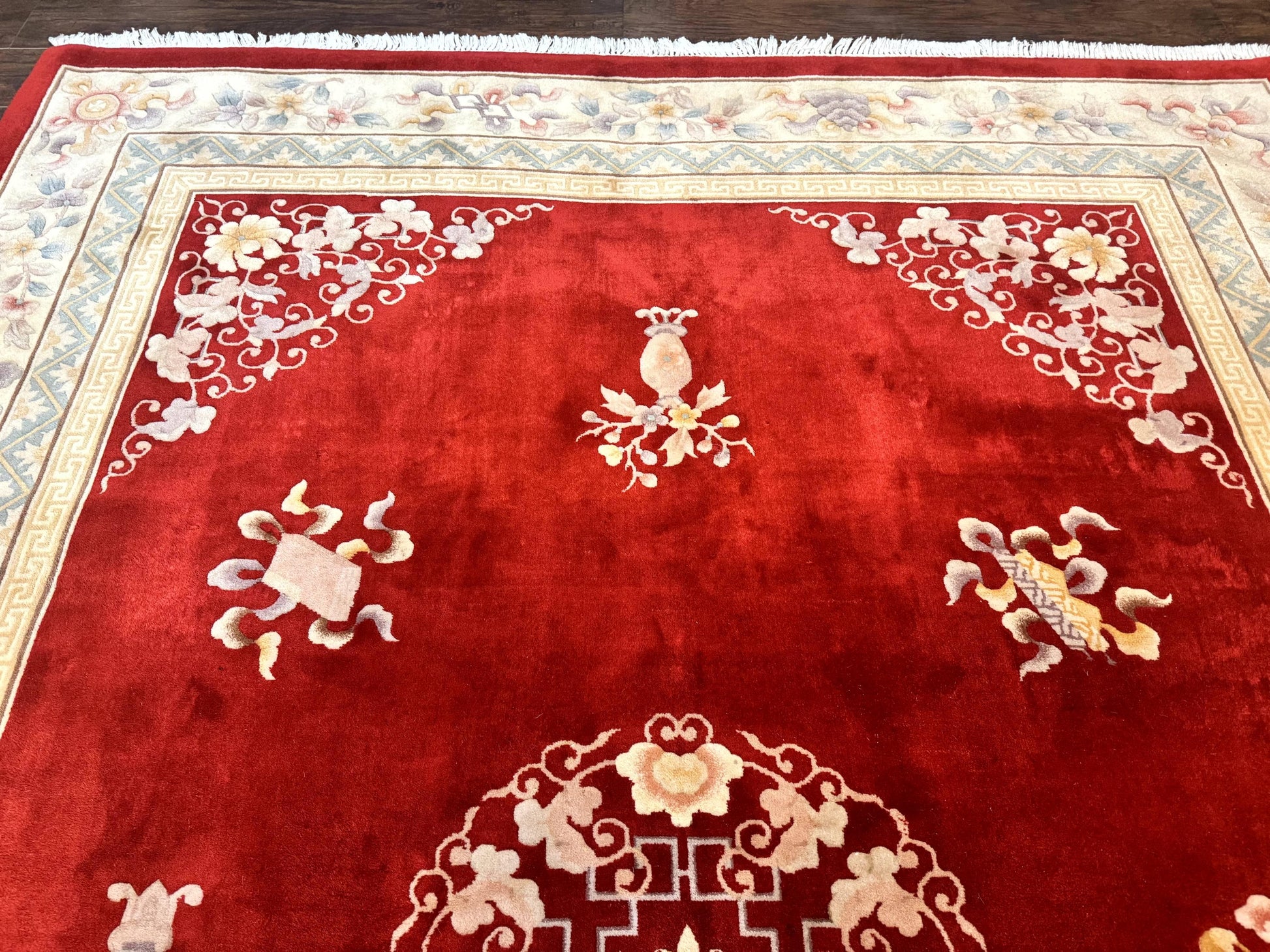 Chinese Wool Rug 8.6 x 11, Red and Beige Asian Oriental Carpet, Plush Pile, Vintage Handmade Chinese Carving Sculpted Rug, Semi Open Field - Nuvé