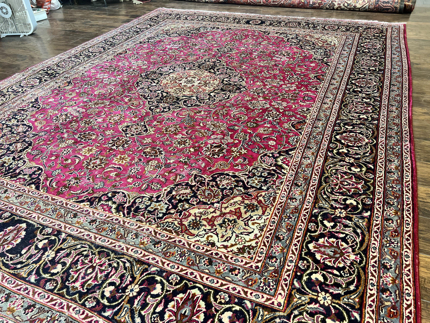 Persian Rug 10x13, Wool Hand Knotted Antique Kashmar Carpet, Raspberry Red & Navy Blue, Floral Medallion, Traditional Oriental Rug 10 x 13 - Nuvé
