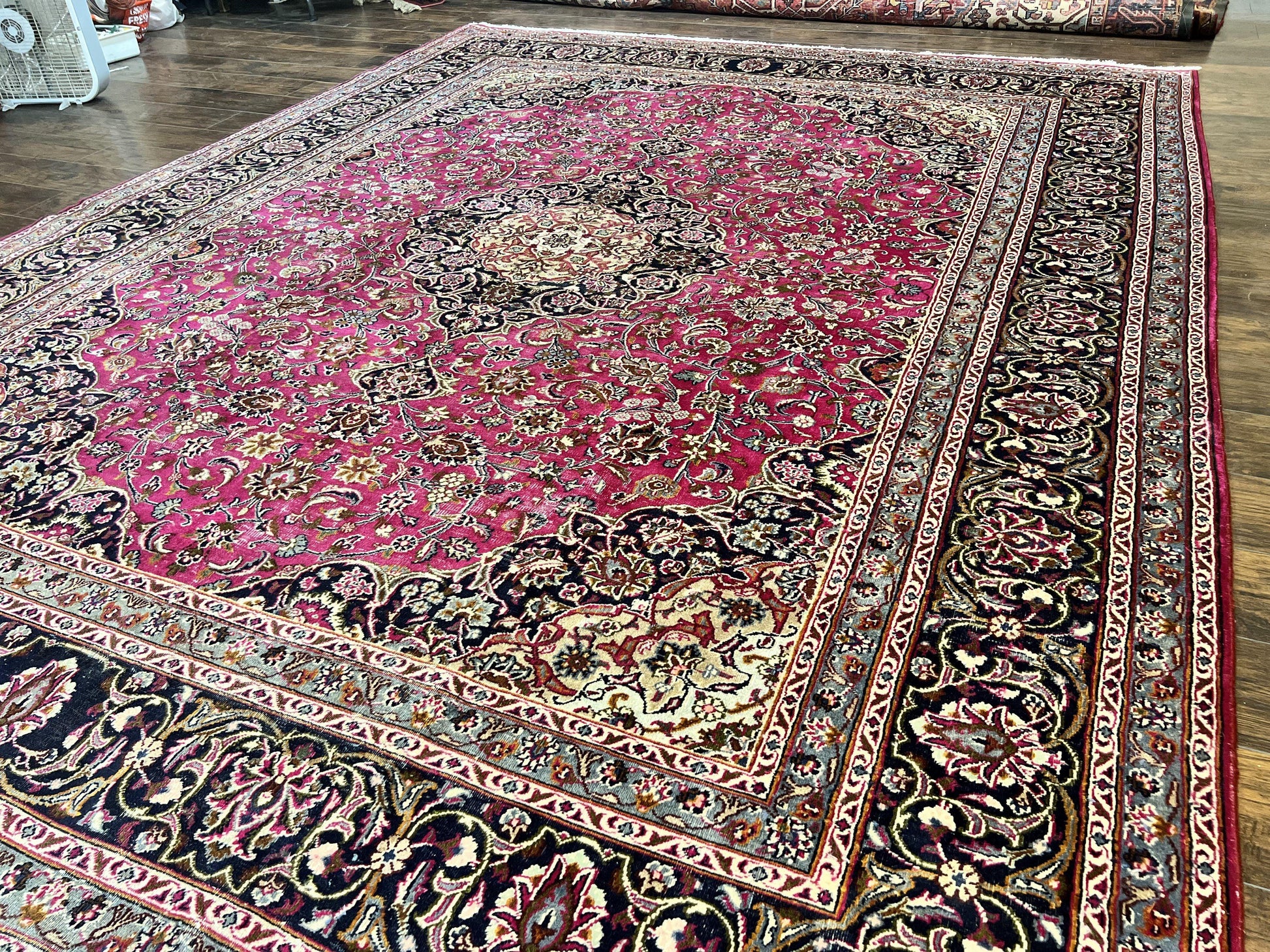 Persian Rug 10x13, Wool Hand Knotted Antique Kashmar Carpet, Raspberry Red & Navy Blue, Floral Medallion, Traditional Oriental Rug 10 x 13 - Nuvé