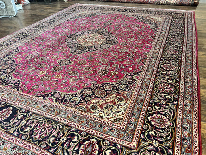 Persian Rug 10x13, Wool Hand Knotted Antique Kashmar Carpet, Raspberry Red & Navy Blue, Floral Medallion, Traditional Oriental Rug 10 x 13 - Nuvé
