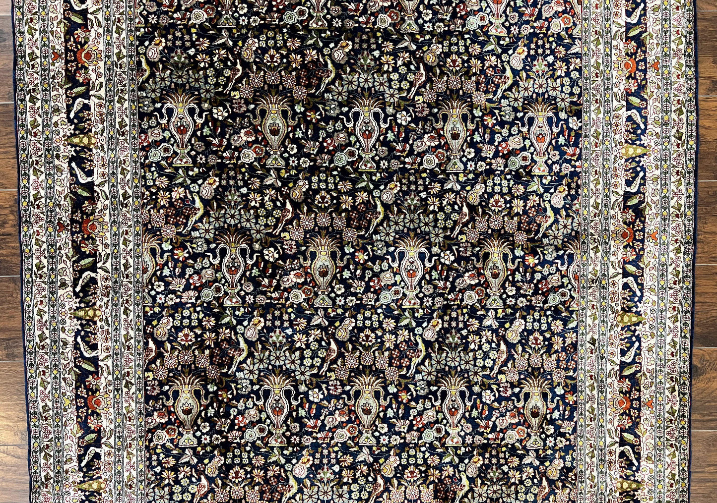 Silk Indian Kashmiri Rug 5x7, Navy Blue Indo Persian Silk Carpet 5 x 7 ft, Hand Knotted Handmade Very Fine Oriental Carpet, 450 KPSI, Birds - Nuvé