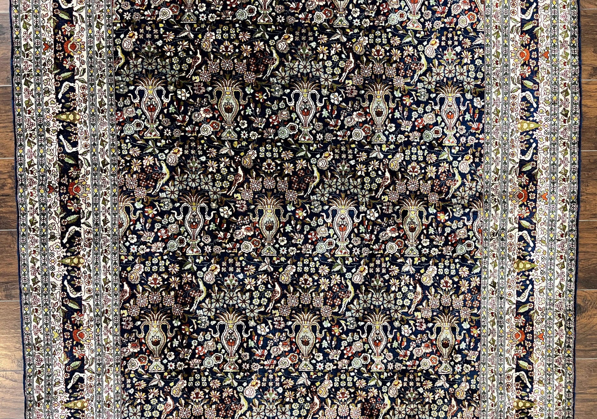 Silk Indian Kashmiri Rug 5x7, Navy Blue Indo Persian Silk Carpet 5 x 7 ft, Hand Knotted Handmade Very Fine Oriental Carpet, 450 KPSI, Birds - Nuvé