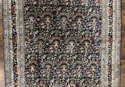 Silk Indian Kashmiri Rug 5x7, Navy Blue Indo Persian Silk Carpet 5 x 7 ft, Hand Knotted Handmade Very Fine Oriental Carpet, 450 KPSI, Birds - Nuvé
