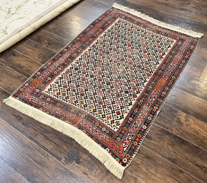 Antique Caucasian Rug 4x5, Hand Knotted Handmade Shirvan Oriental Carpet, Ivory Red Rug Allover Pattern, Rare Wool Rug, Tribal Geometric Rug