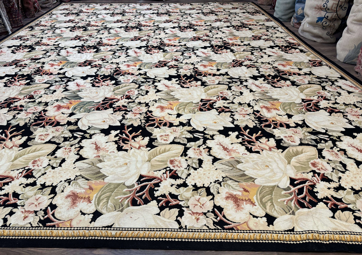 Palace Size Needlepoint Rug 13x17, Extra Large Wool Floral Handmade Carpet, European Design, Botanical - Nuvé