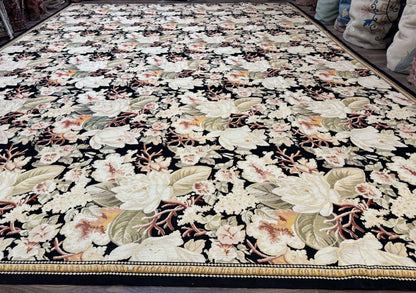 Palace Size Needlepoint Rug 13x17, Extra Large Wool Floral Handmade Carpet, European Design, Botanical - Nuvé