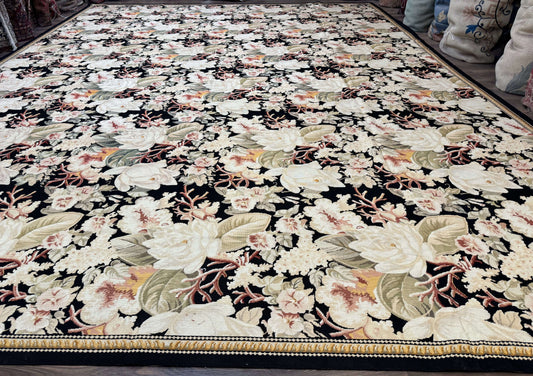 Palace Size Needlepoint Rug 13x17, Extra Large Wool Floral Handmade Carpet, European Design, Botanical - Nuvé
