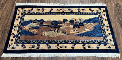 Antique Chinese Pictorial Rug 2.7 x 5, Chinese Village and Hills Carpet, Beige and Dark Blue, Handmade, Horizontal Rug Wall Hanging Tapestry