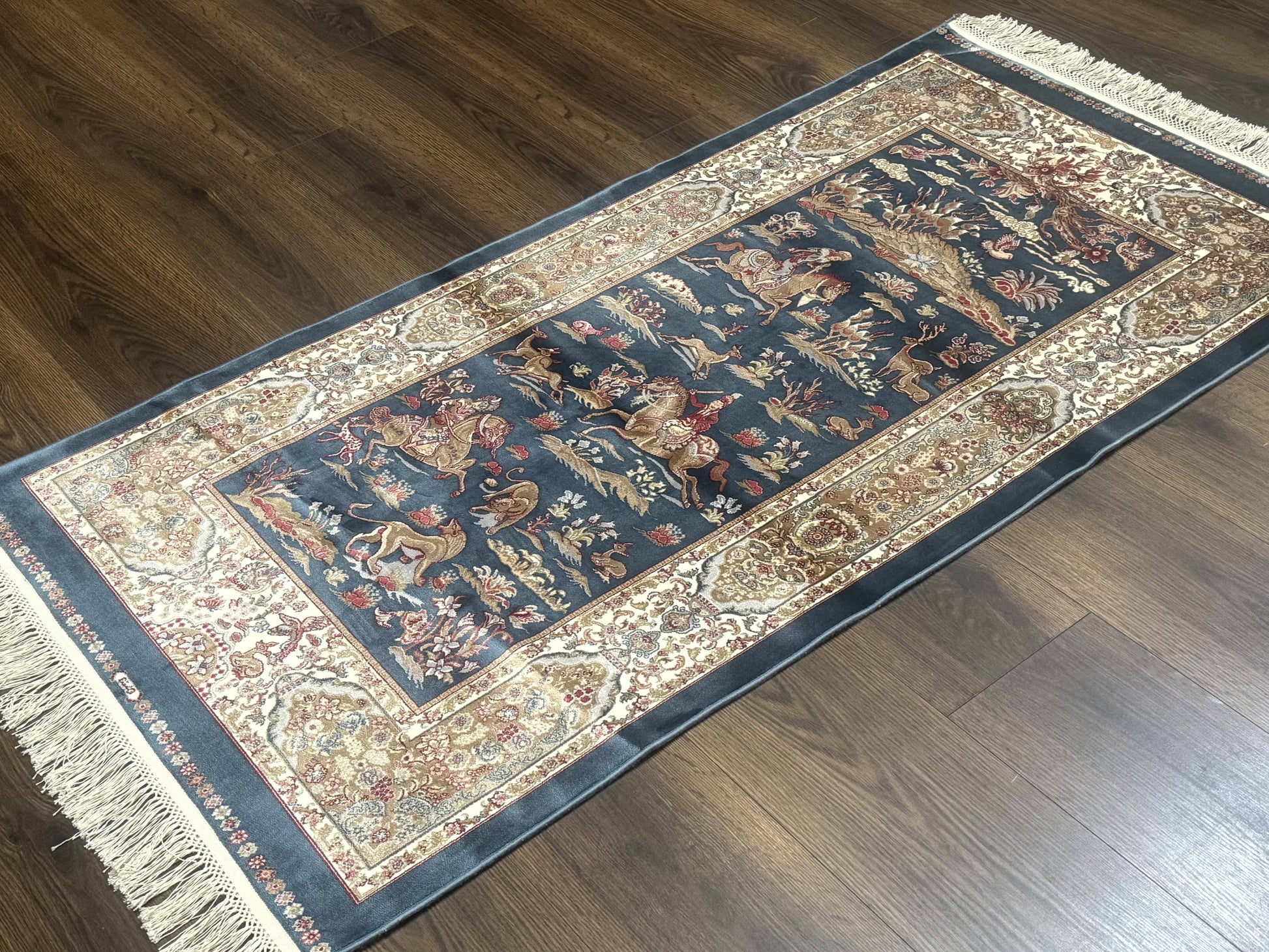 Turkish Silk Hunting Scene Rug 2.6 x 5, Dark Steel Blue & Ivory, Bamboo Silk, New - Nuvé
