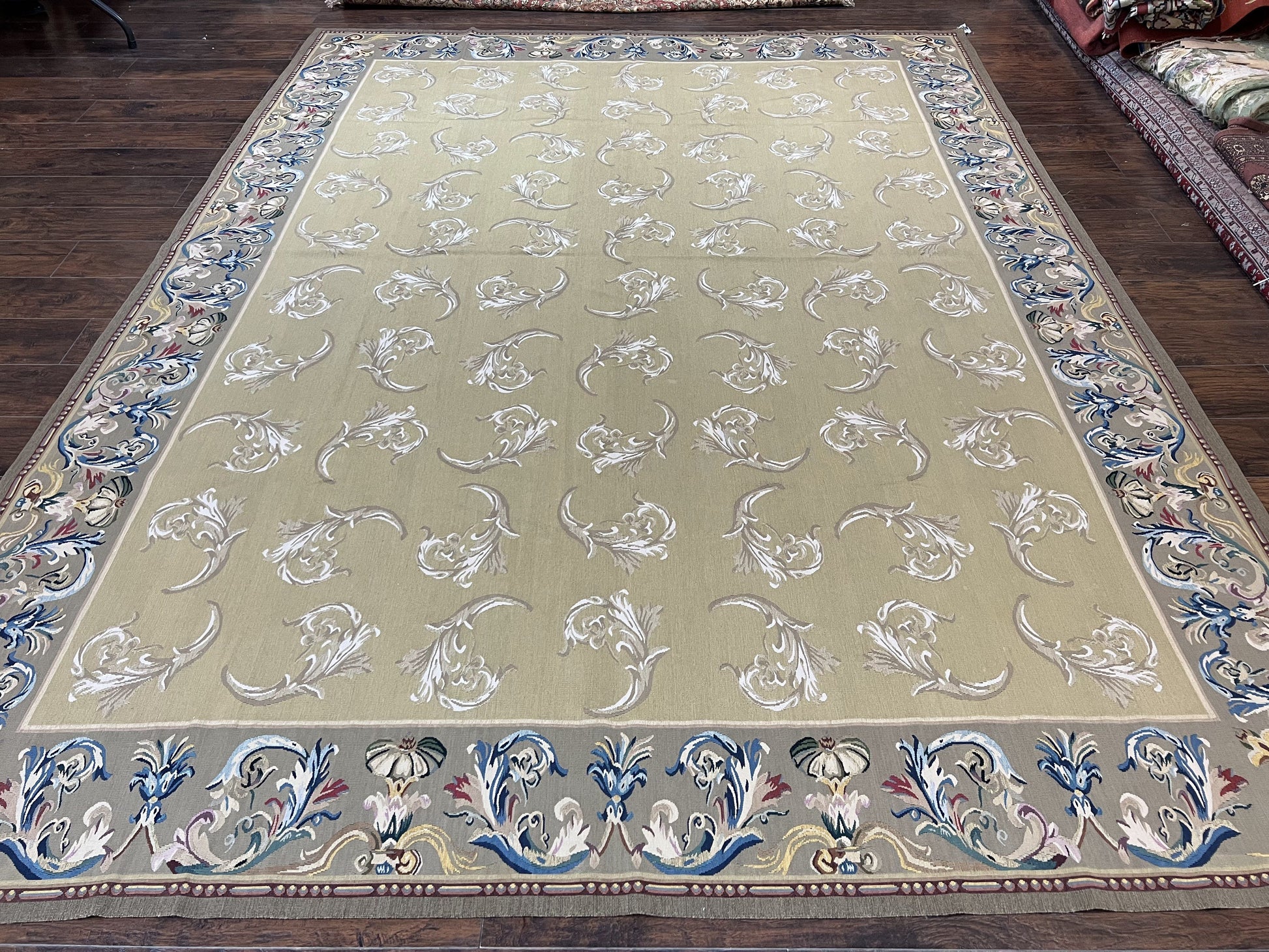 Vintage Aubusson Flatweave Area Rug 9x12, Aubusson Weave, Wool, Beige, Handmade, French European Design, 8'9" x 11'9" - Nuvé