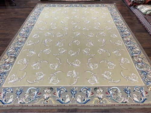 Vintage Aubusson Flatweave Area Rug 9x12, Aubusson Weave, Wool, Beige, Handmade, French European Design, 8'9" x 11'9" - Nuvé