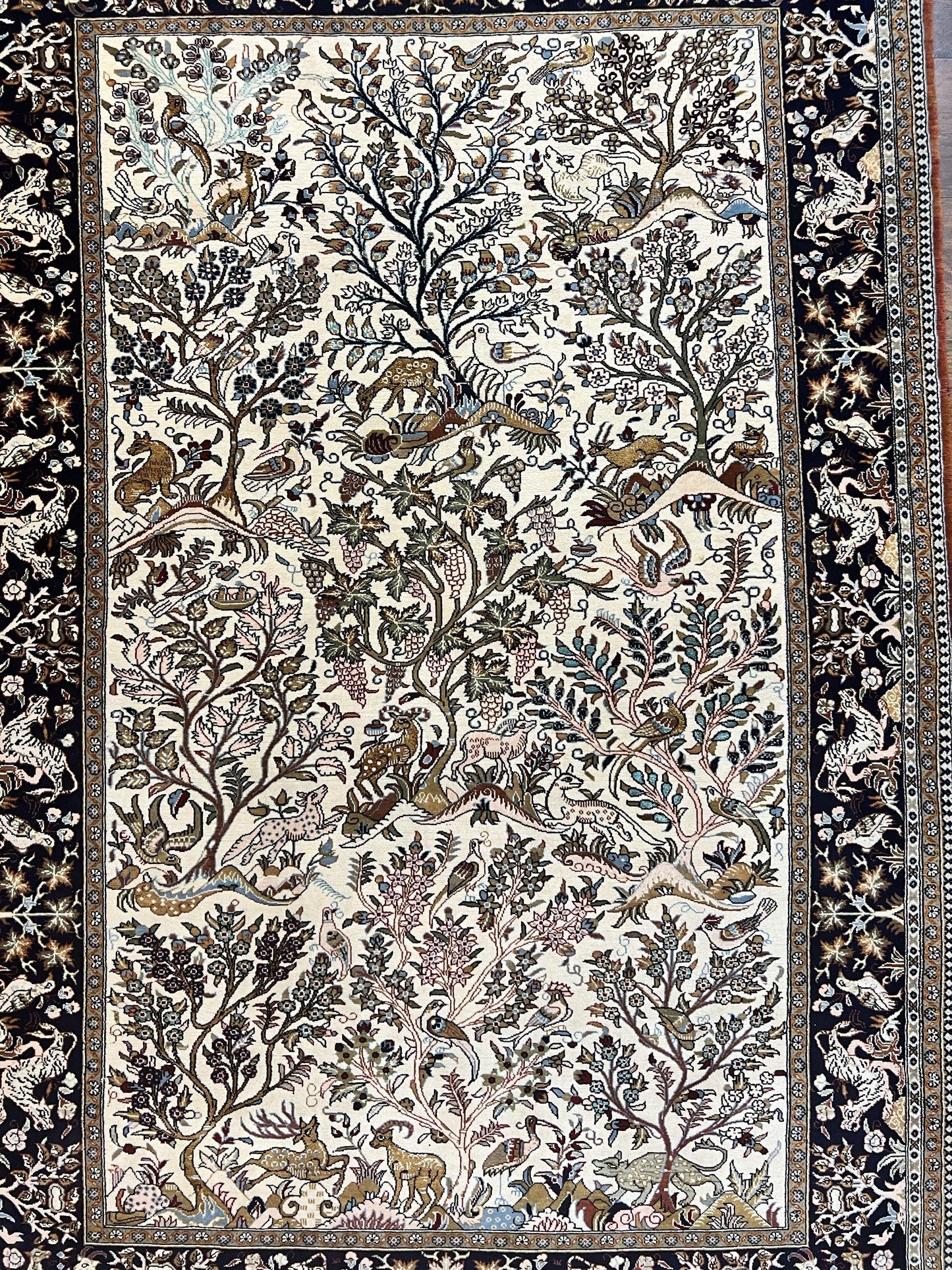 Persian Qum Tree of Life Rug 5x7, Wool and Silk Highlights, Animal Motifs, Vintage Hand Knotted Handmade Cream & Black Fine Oriental Carpet - Nuvé