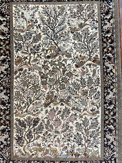 Persian Qum Tree of Life Rug 5x7, Wool and Silk Highlights, Animal Motifs, Vintage Hand Knotted Handmade Cream & Black Fine Oriental Carpet - Nuvé