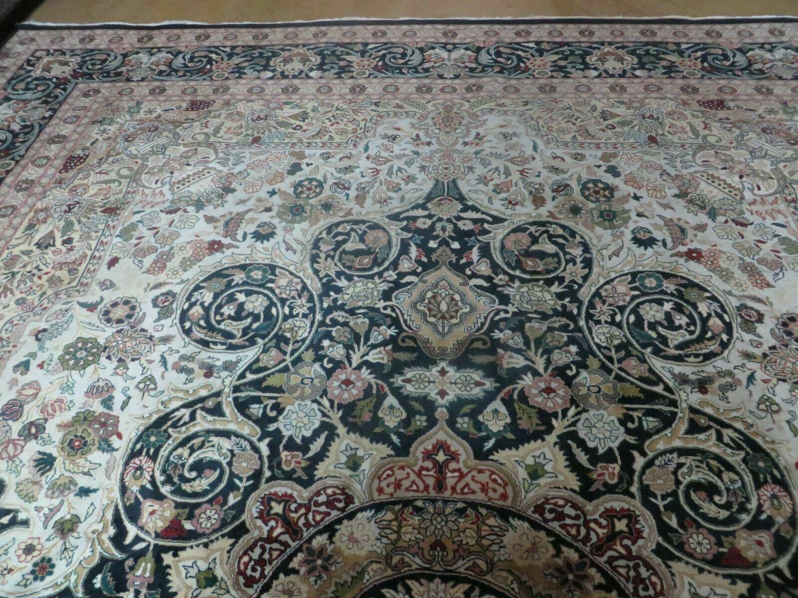 Beautiful Sino Persian Rug 9x12, Elegant High Quality Handmade Wool Oriental Carpet, Medallion with Corner Design, Floral, Black and Ivory - Nuvé