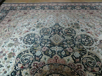 Beautiful Sino Persian Rug 9x12, Elegant High Quality Handmade Wool Oriental Carpet, Medallion with Corner Design, Floral, Black and Ivory - Nuvé