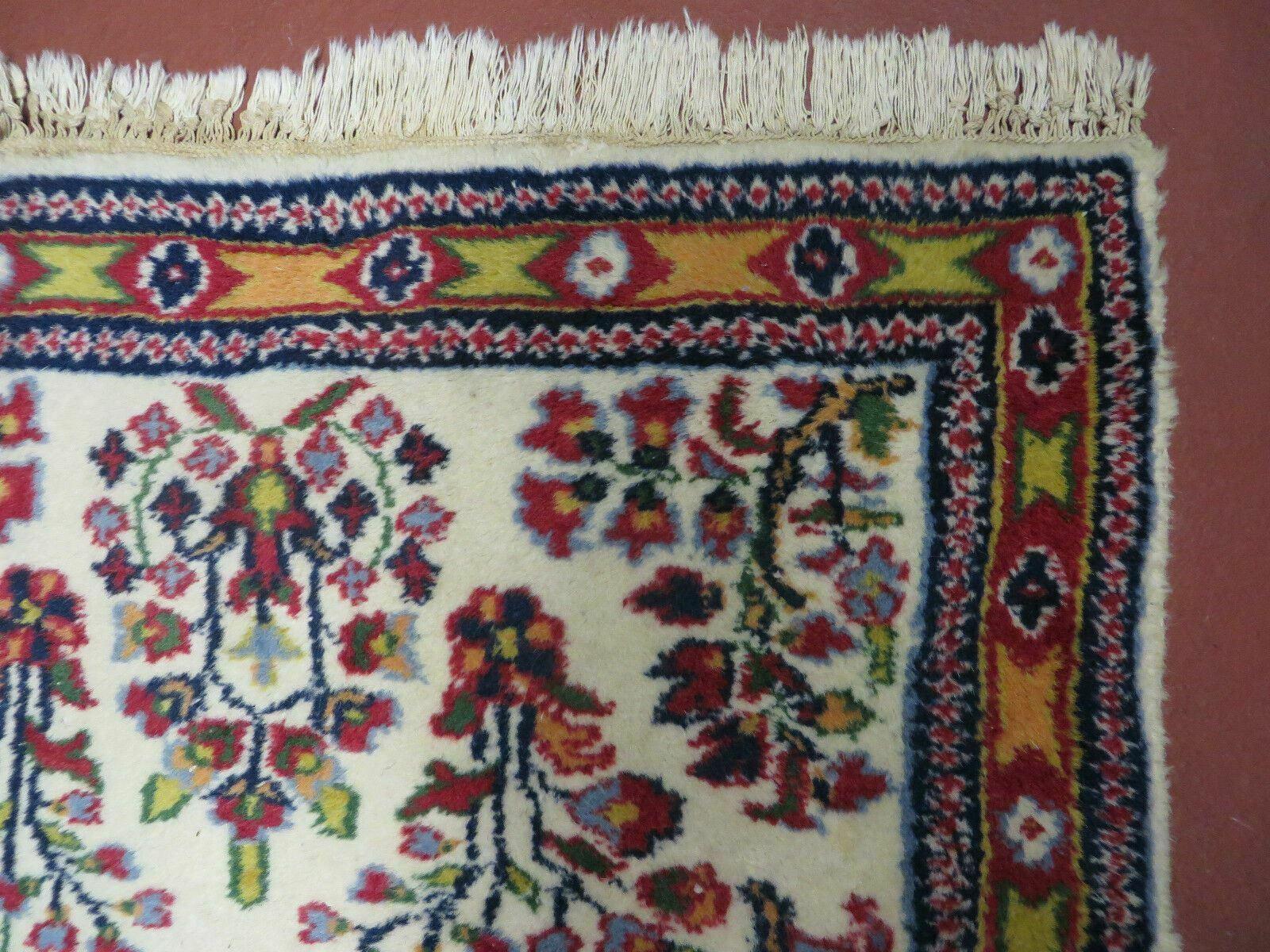 Small Persian Rug 2 x 3, Tiny Persian Sarouk Carpet, Cream Navy Blue Red, Floral Medallion, Vintage Wool Rug, Handmade Hand-Knotted Oriental Rug - Nuvé