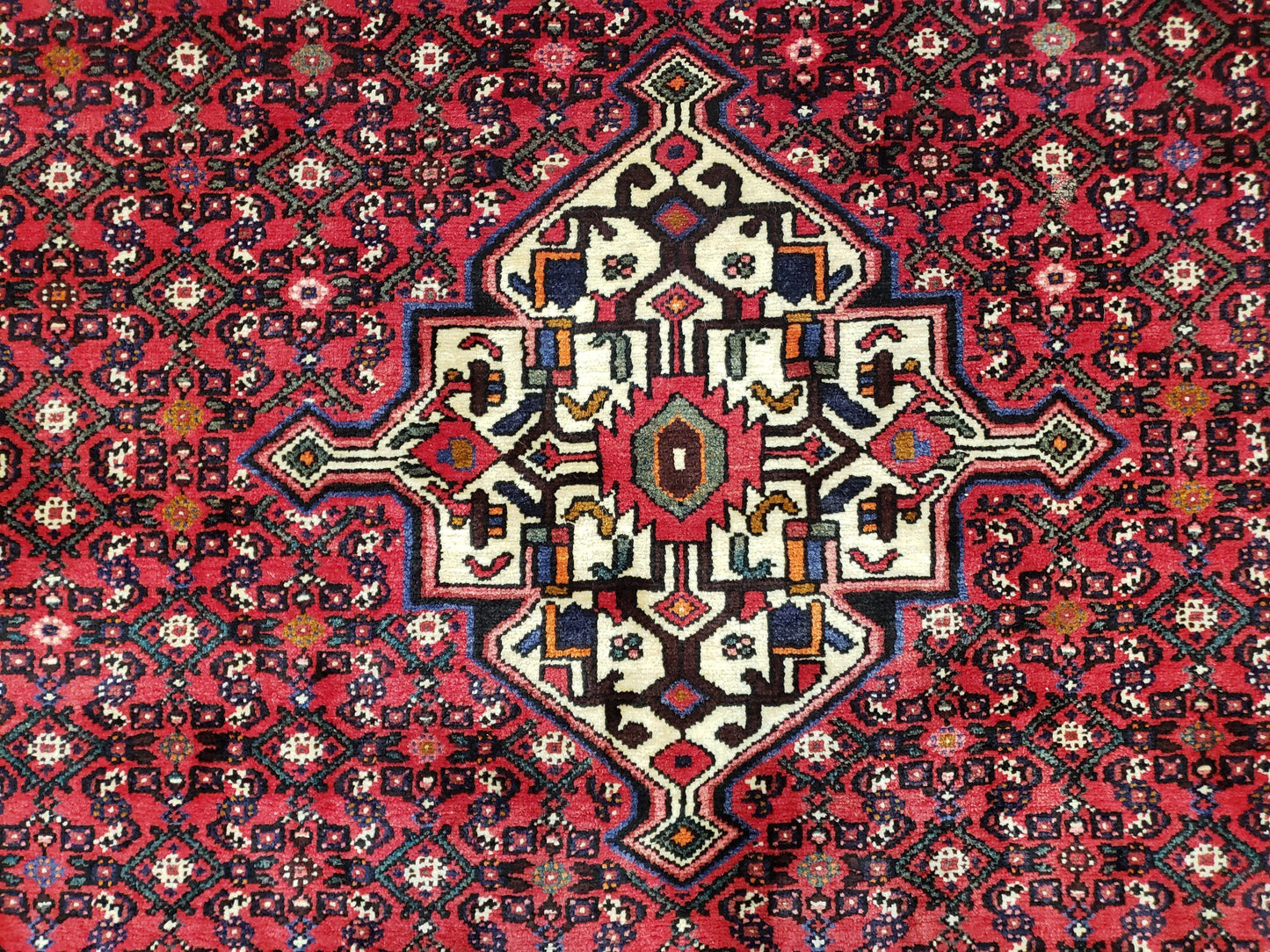Vintage Persian Hamedan Rug 7x10, Angelas Mahi Pattern, Red, Wool, Hand-Knotted - Nuvé