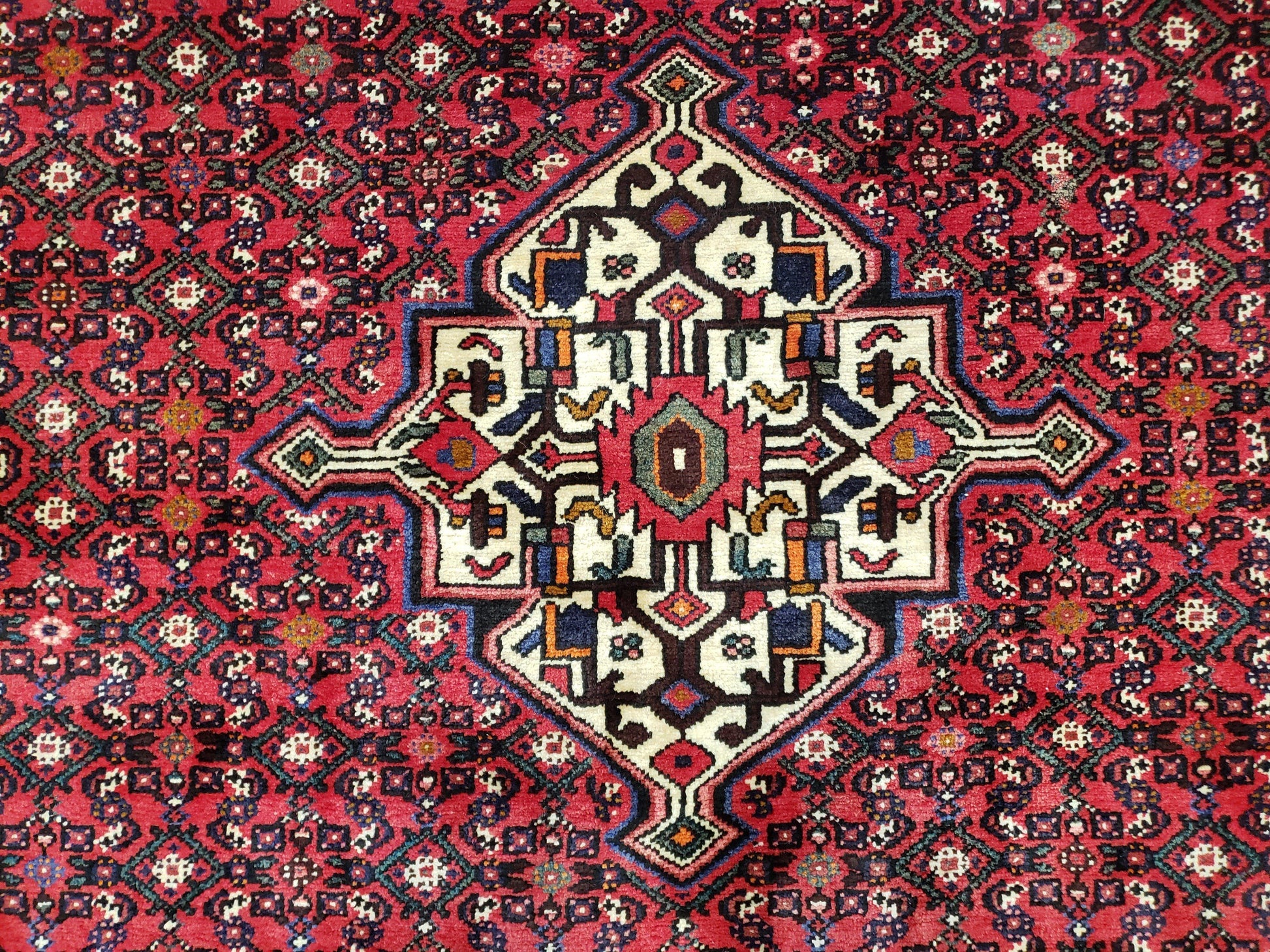 Vintage Persian Hamedan Rug 7x10, Angelas Mahi Pattern, Red, Wool, Hand-Knotted - Nuvé