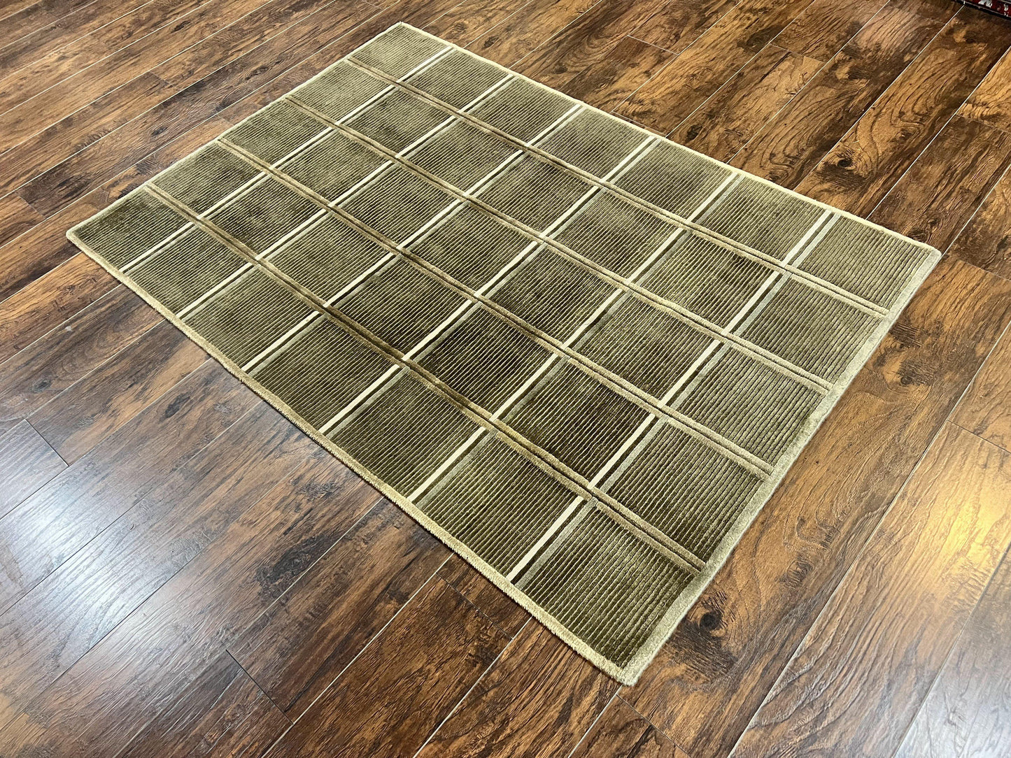 Tibetan Rug 4x6, Green Wool Handmade Area Rug 4 x 6, Panel Design, Modern Contemporary - Nuvé