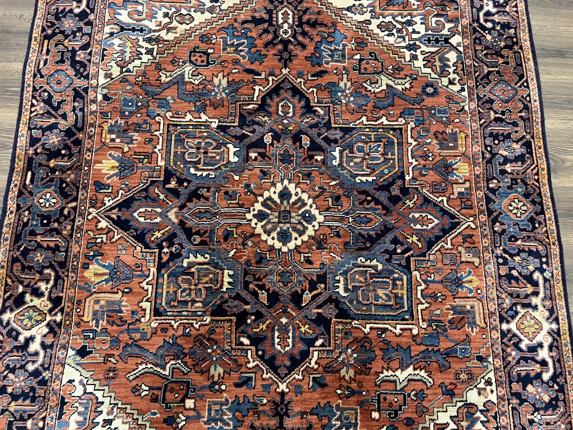 Heriz Rug 5.6 x 8, Geometric Medallion, Wool Oriental Carpet, Tribal Boho Rug, Red Navy Blue Cream, Belgium Power Loomed Rug, Medium Sized - Nuvé