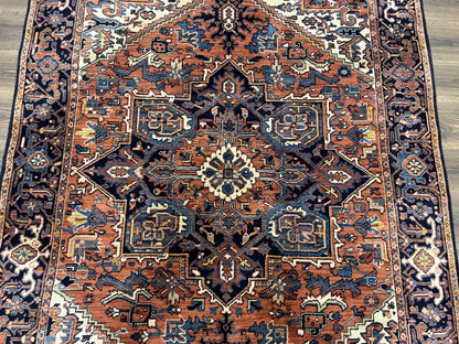 Heriz Rug 5.6 x 8, Geometric Medallion, Wool Oriental Carpet, Tribal Boho Rug, Red Navy Blue Cream, Belgium Power Loomed Rug, Medium Sized - Nuvé