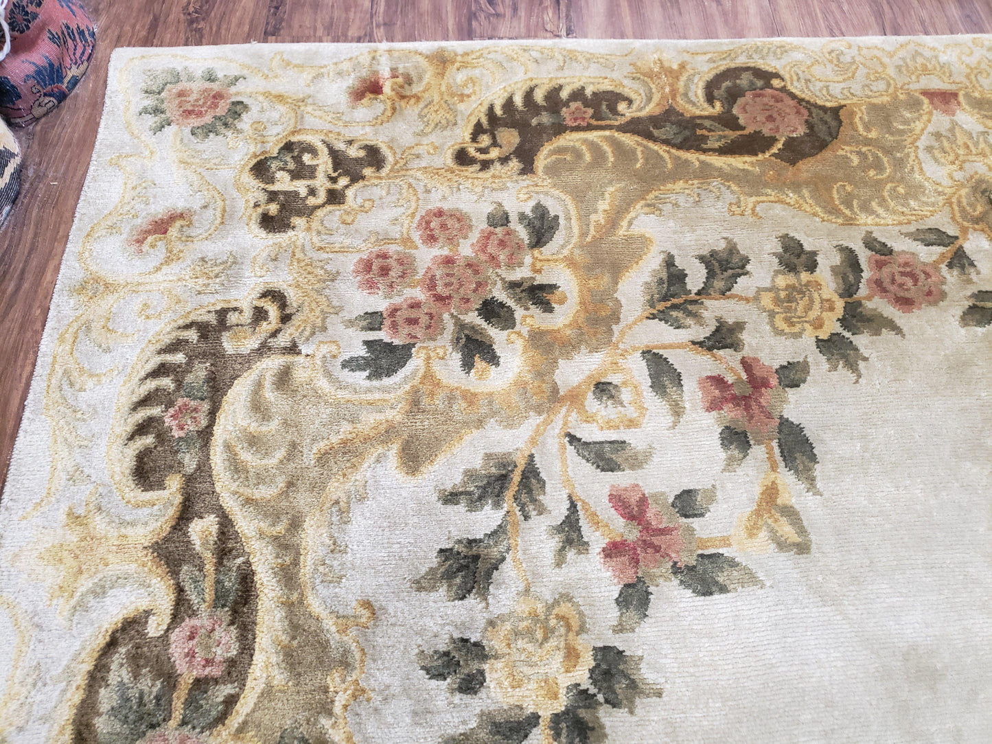 Aubusson Rug 10x14, Elegant French European Design, Vintage Handmade Carpet with Pile, Beige Floral Dining Room Rug, Living Room, Soft Wool - Nuvé