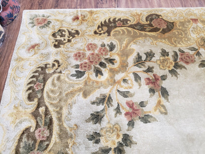 Aubusson Rug 10x14, Elegant French European Design, Vintage Handmade Carpet with Pile, Beige Floral Dining Room Rug, Living Room, Soft Wool - Nuvé