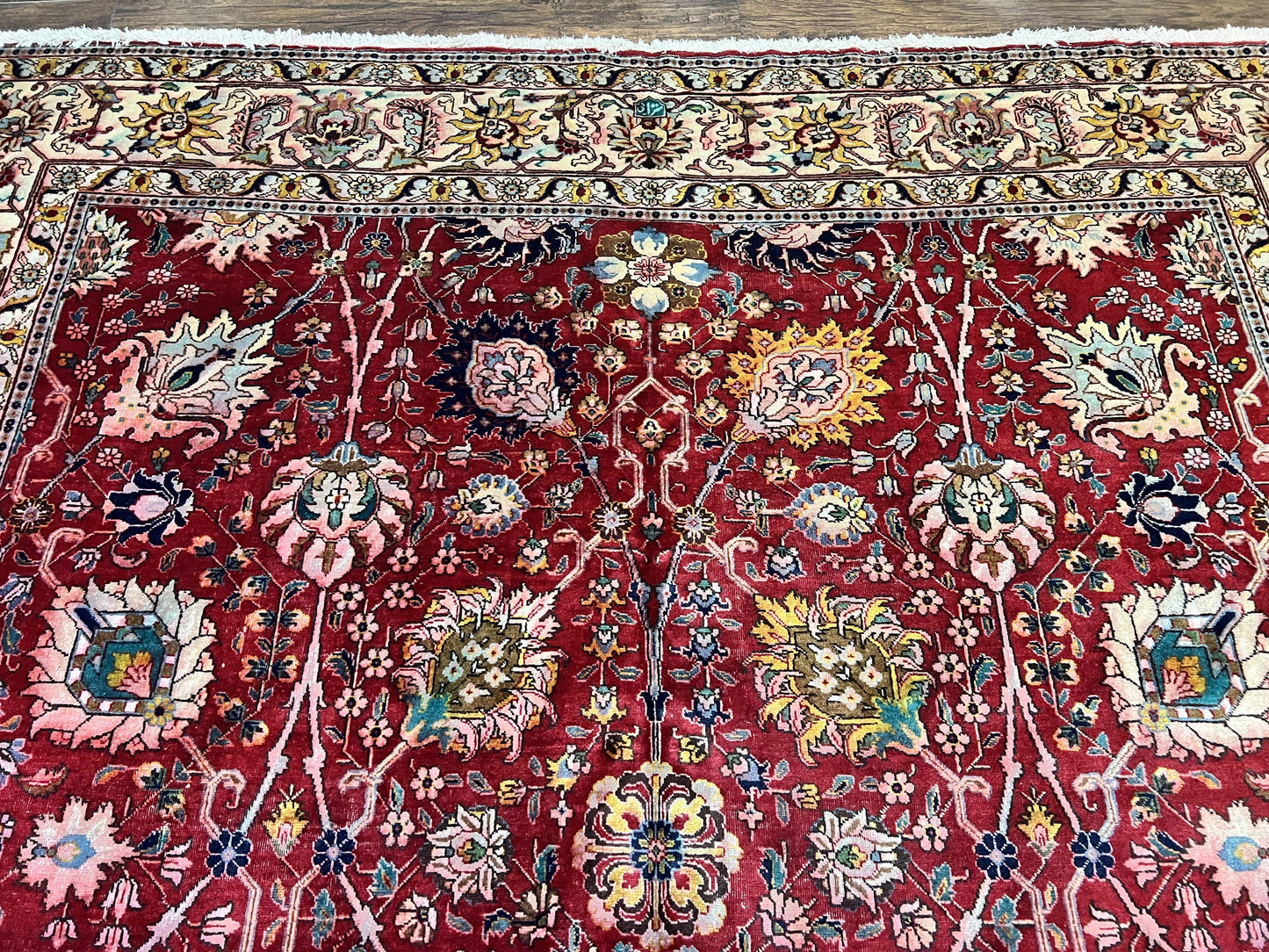Persian Tabriz Rug 10x12, Floral Allover, Handmade Vintage Wool Carpet, Red and Cream - Nuvé