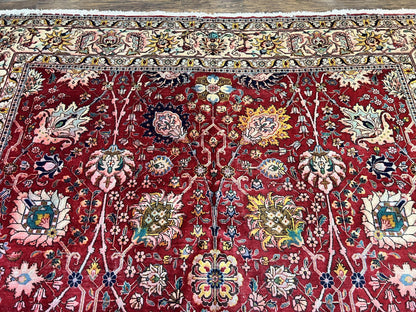 Persian Tabriz Rug 10x12, Floral Allover, Handmade Vintage Wool Carpet, Red and Cream - Nuvé