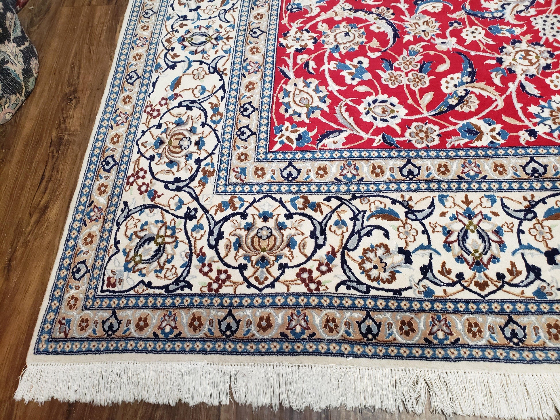 Persian Nain Rug 8x12, Red and Ivory, Signed - Nuvé