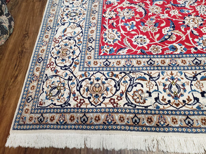Persian Nain Rug 8x12, Red and Ivory, Signed - Nuvé