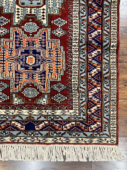 Pakistani Rug 3x5 ft, Caucasian Kazak Design, Geometric Rug, Small Vintage Oriental Carpet, Dark Red Vintage Handmade Wool Rug 3 x 5 - Nuvé